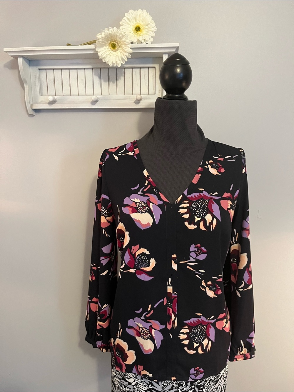 J. Crew navy Floral V-Neck Blouse with Pink and Purple Accents EUC